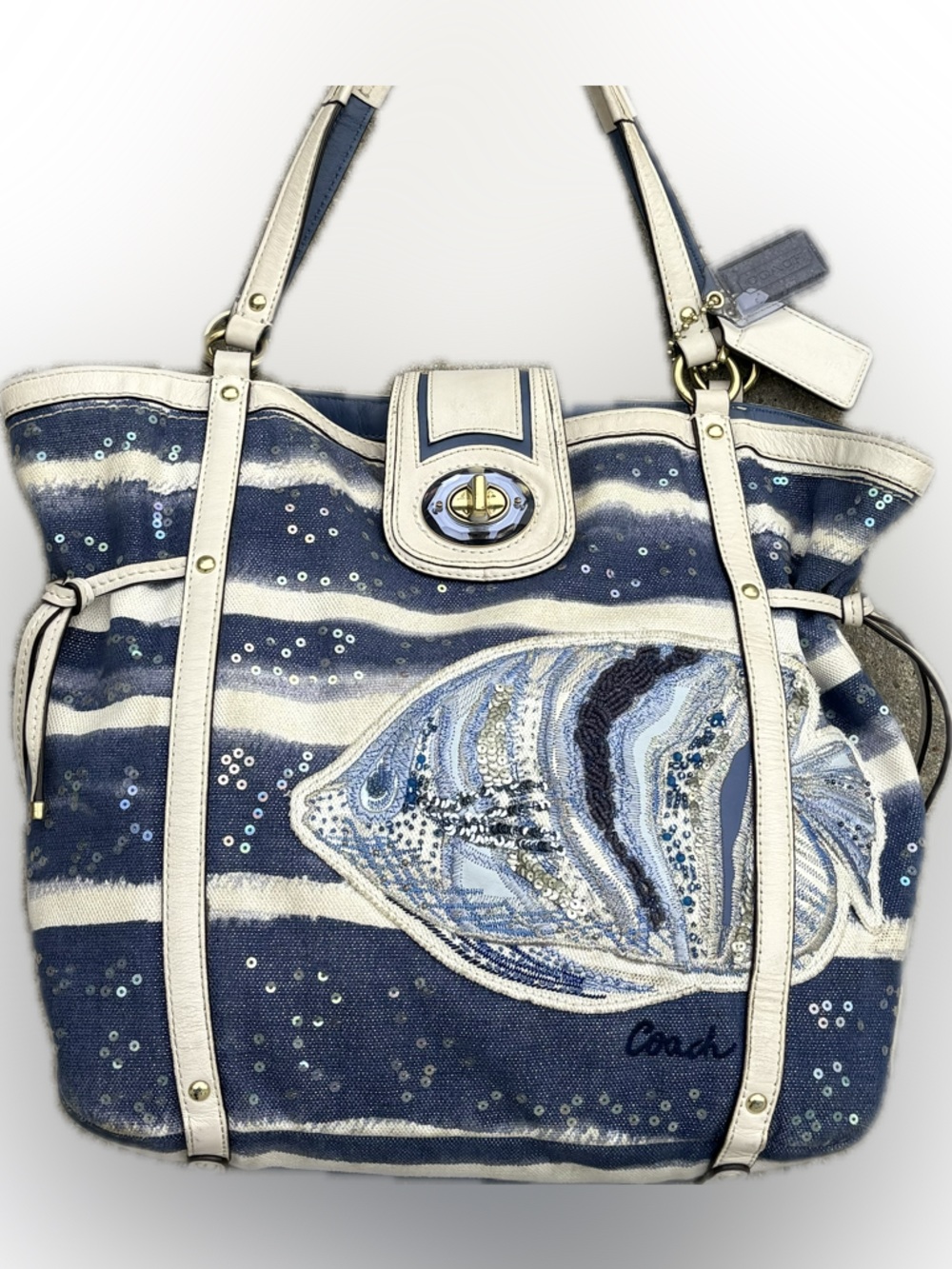 Vintage Coach Fish Appliqué cinched Tote Bag Blue Cream Turnlock Madison Aubrey